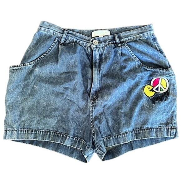 Fingercroxx Vintage Denim Shorts – Peace Patch Pac-Man Graphic – Waist 30 - Picture 1 of 6
